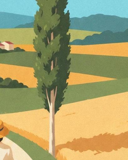 Eine Pappel mit hellem Stamm zwischen den grünen und goldenen Feldern der Landschaft