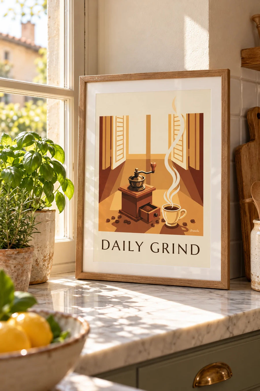 Poster Kaffeemühle aus Holz und Kaffeebohnen: kleines Format A4 gerahmt
