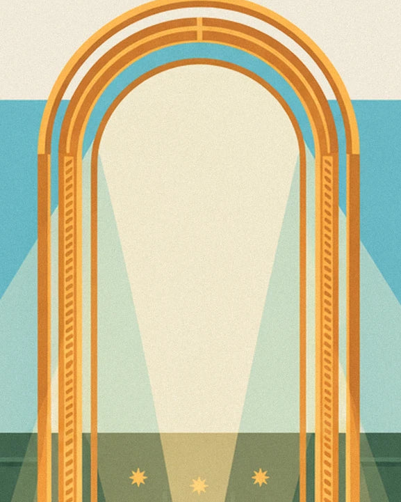 L’arche dorée aux lignes concentriques, sur fond turquoise et faisceaux crème