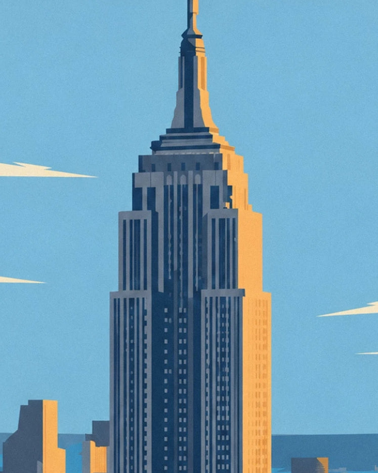 The spire and façades of the Empire State Building bathed in golden light