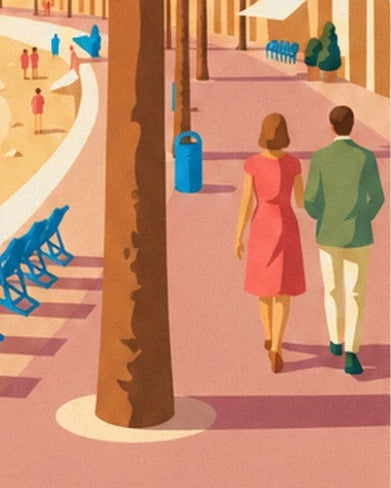 A couple in a pink dress and green jacket on the promenade lined with blue chairs