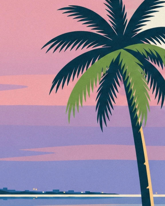 A palm tree with green and dark blue fronds against the pink and mauve Miami sky