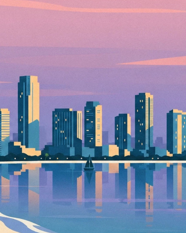 The Miami skyscrapers with blue and golden façades reflected in the mauve water