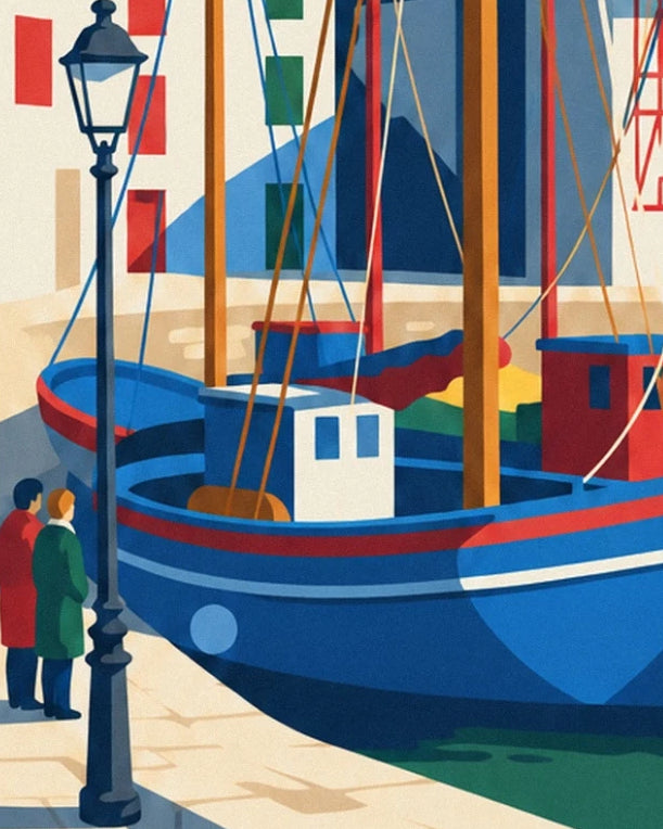 The blue boat moored near the street lamp and the 2 figures on the quay