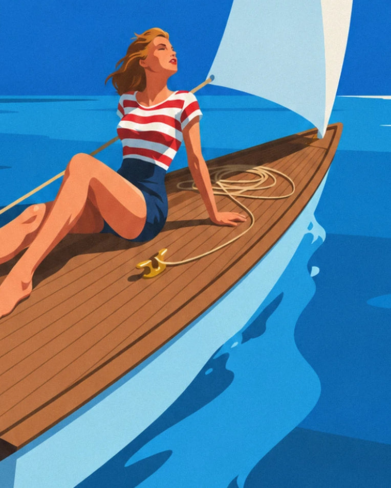 Pin-up-Poster: Pin-up auf dem Deck eines Segelboots auf hoher See: Detail in Nahaufnahme