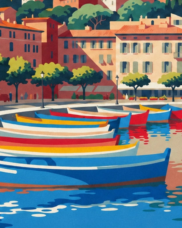 Boats striped in blue, red and yellow moored in front of ochre façades