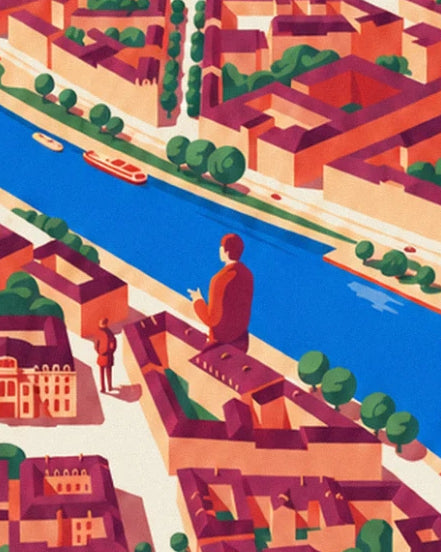 A man in a red jacket sitting on a roof facing the Seine, with a red barge on the blue water