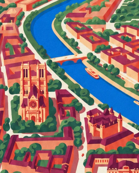 The cathedral with 2 towers surrounded by trees, beside the blue Seine and its bridge