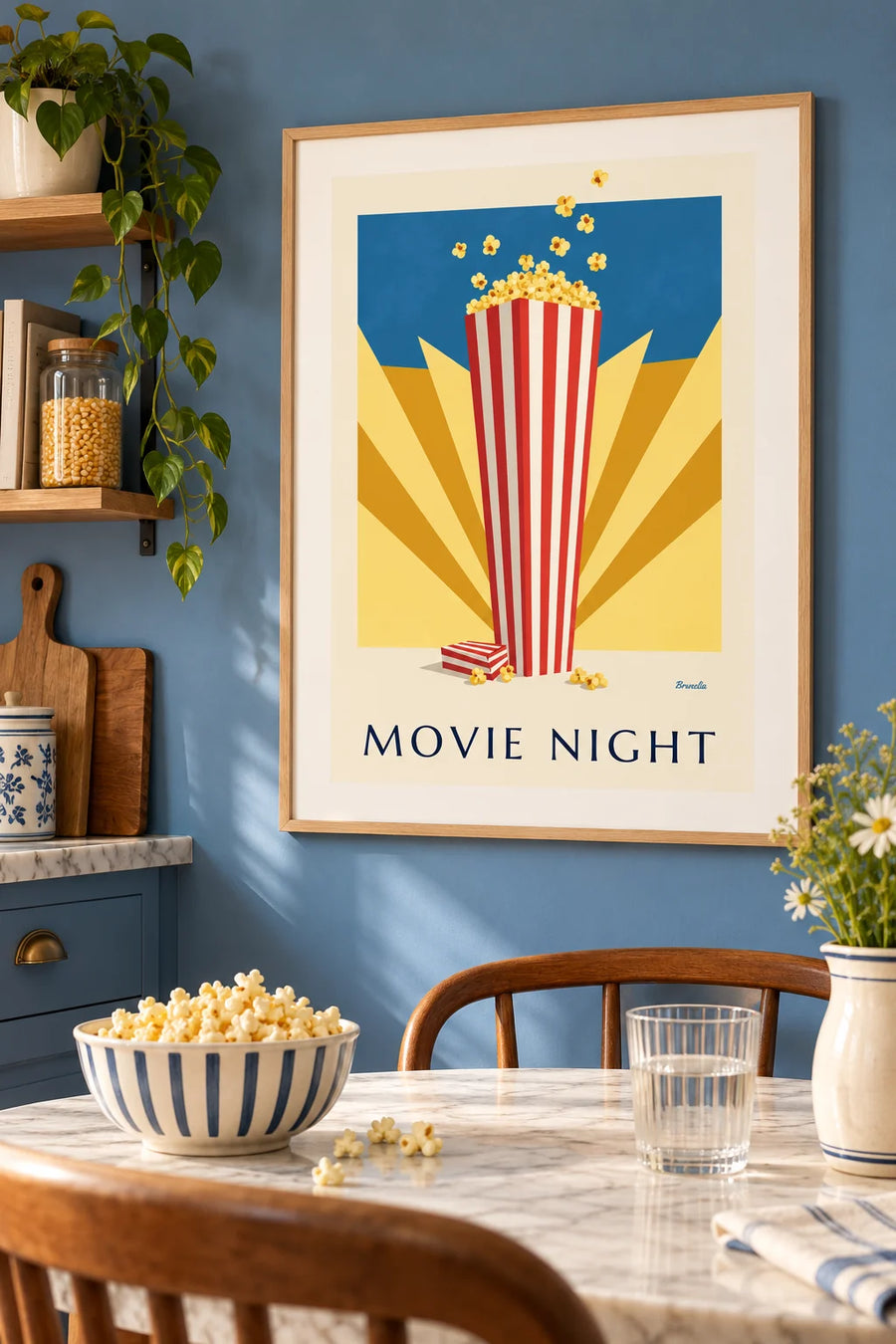 Affiche pop-corn de cinéma sur fond de rayons de soleil : encadrée au mur