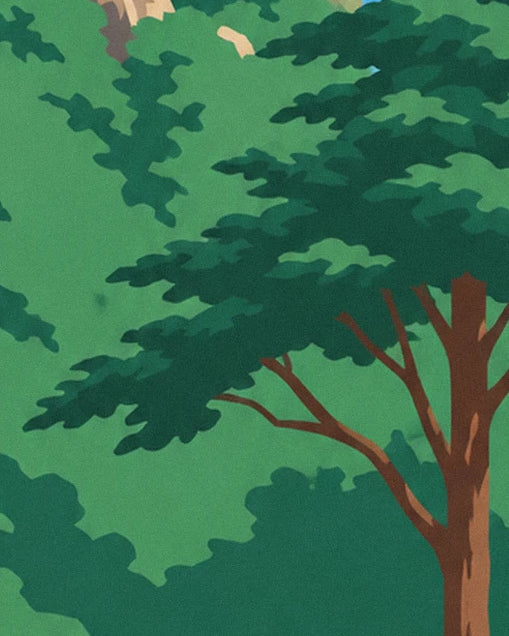 Eine hohe Pinie mit braunem Stamm und ausladenden Ästen über dem Wald