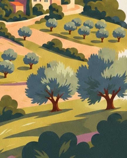 Les 2 grands oliviers au tronc brun et leurs jeunes arbres sur la colline dorée