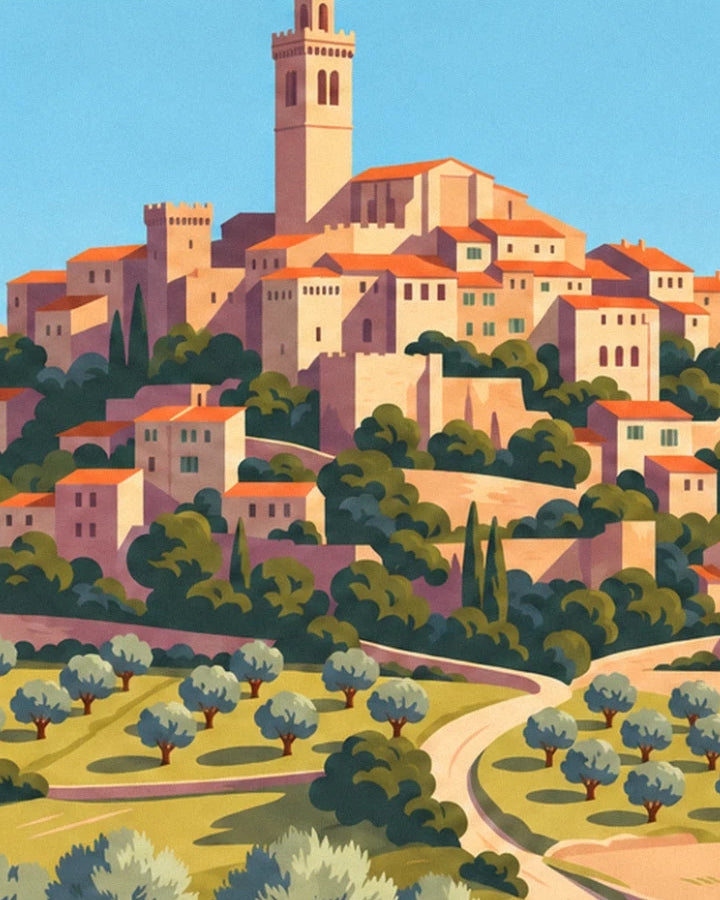 Le clocher et les maisons aux toits orange du village, au-dessus des oliveraies
