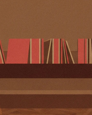 The red books with striped spines lined up on a dark wooden shelf