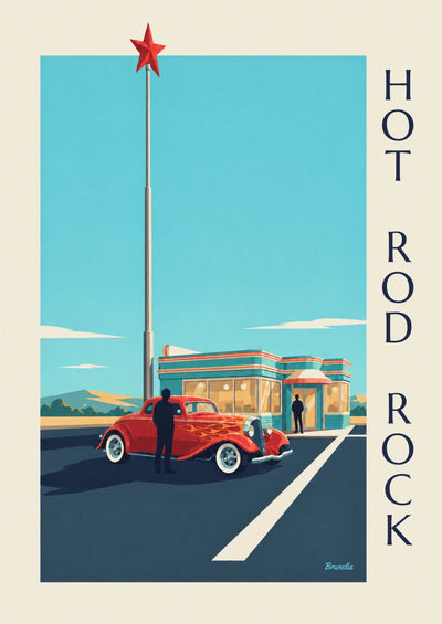 Poster Hot Rod vor einem Rock-'n'-Roll-Diner: das ganze Poster