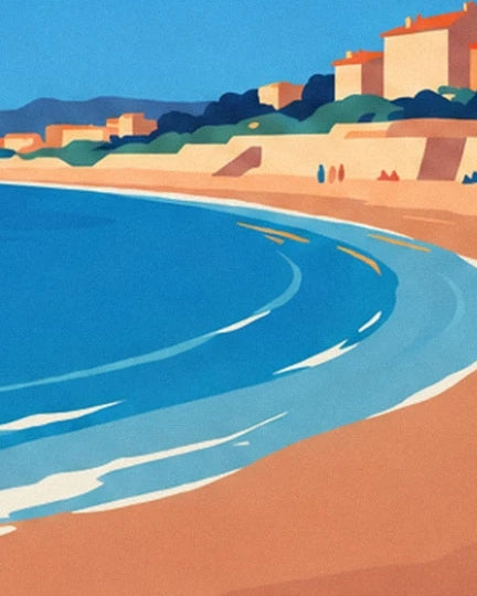 The blue waves edged with foam on the beach at Royan, facing the villas with red roofs