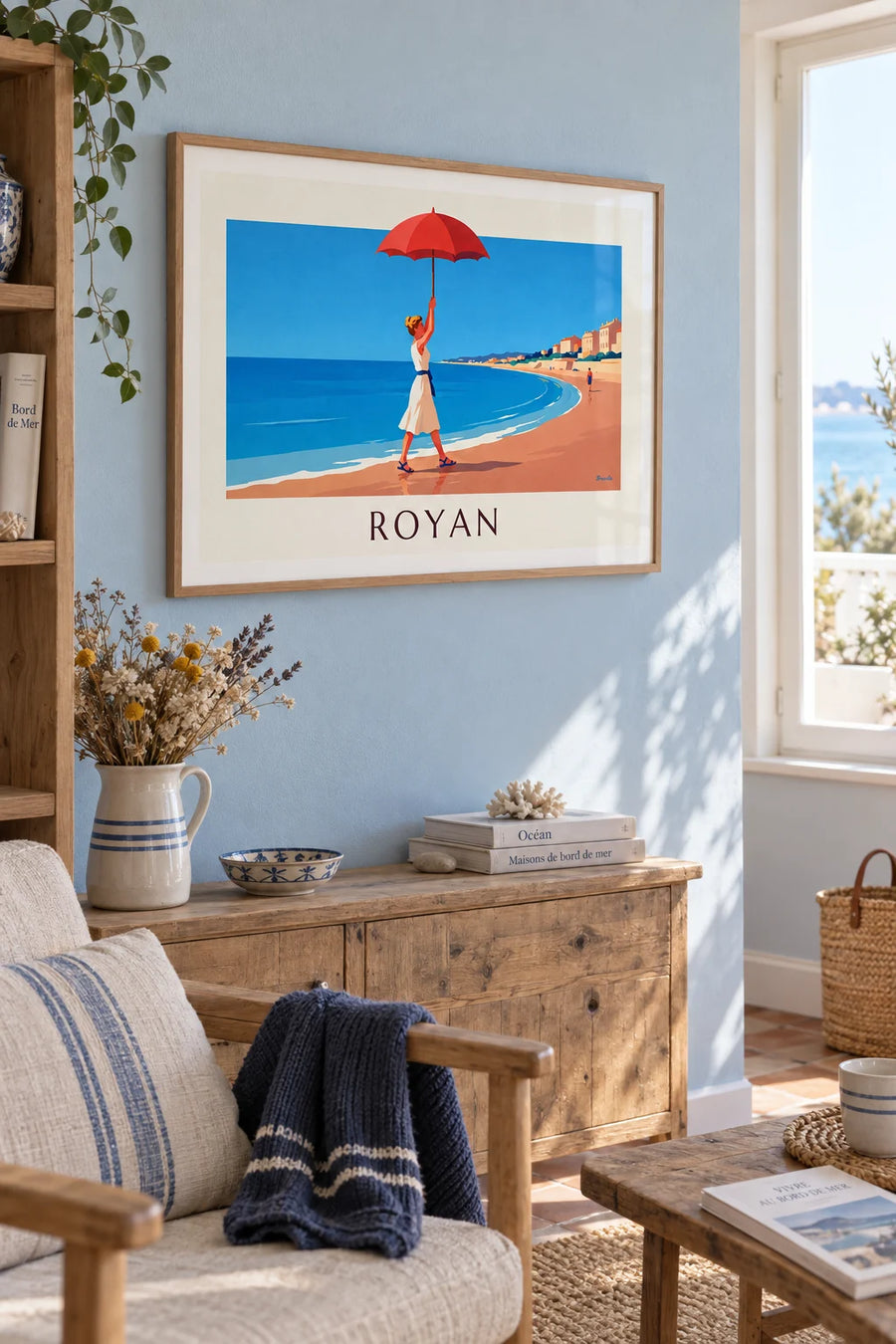 Poster of a woman with a red parasol on the beach at Royan: framed on the wall