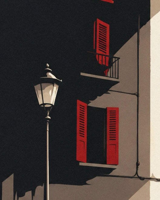 The cast-iron street lamp outside the shaded façade, with its red shutters and balconies