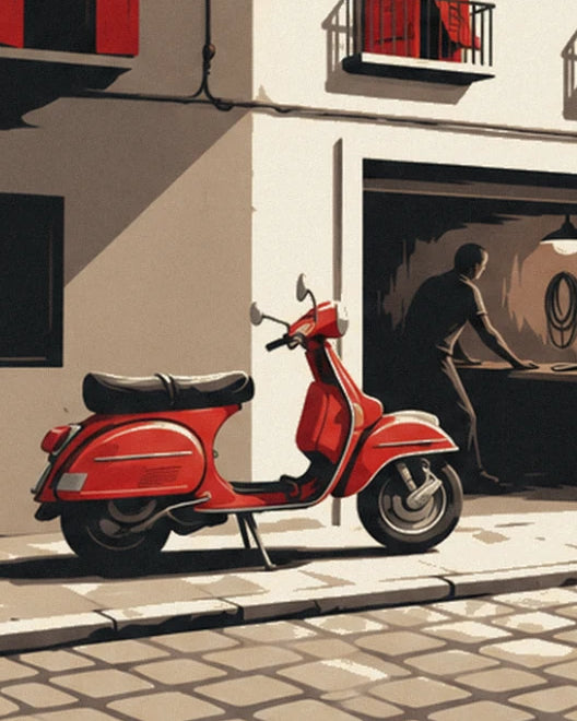 The red scooter parked outside the garage, with the mechanic leaning inside