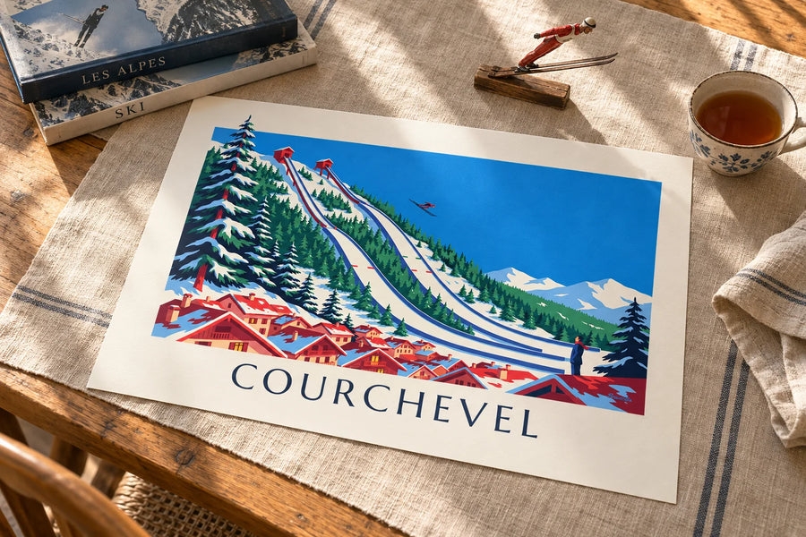 Poster Skisprungschanzen von Courchevel in Le Praz: auf einem Tisch abgestellt