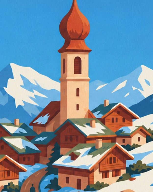 Der rostrote Glockenturm mit Zwiebelhaube über Holzchalets mit verschneiten Dächern