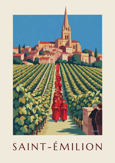 Poster Weinberge und Dorf Saint-Émilion, gesehen aus einem Weinkeller: das ganze Poster
