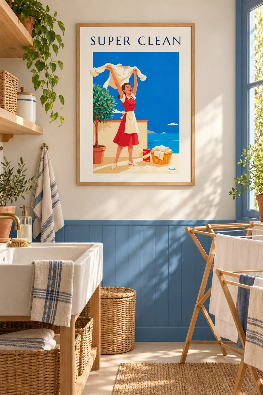 Poster Frau und strahlend weißes Hemd, Waschmittel Super Clean: gerahmt an der Wand