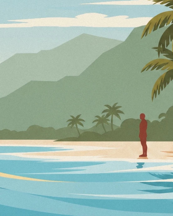 Une silhouette sur la plage claire, entre lagon turquoise, palmiers et montagnes vertes