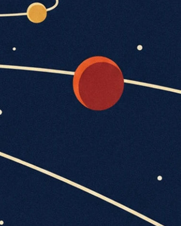 Ein roter Planet mit orangefarbenem Rand zwischen cremefarbenen Umlaufbahnen und Sternen