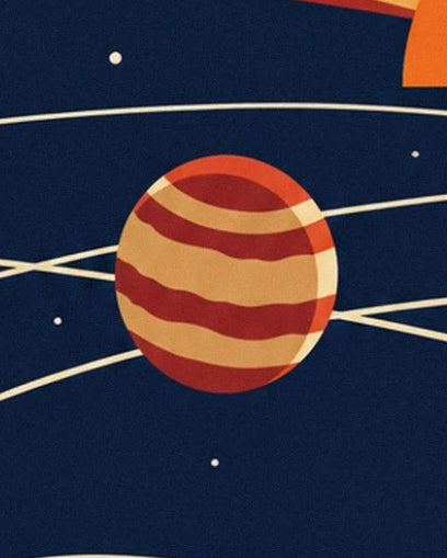 Ein Planet mit roten und goldenen Streifen zwischen cremefarbenen Umlaufbahnen