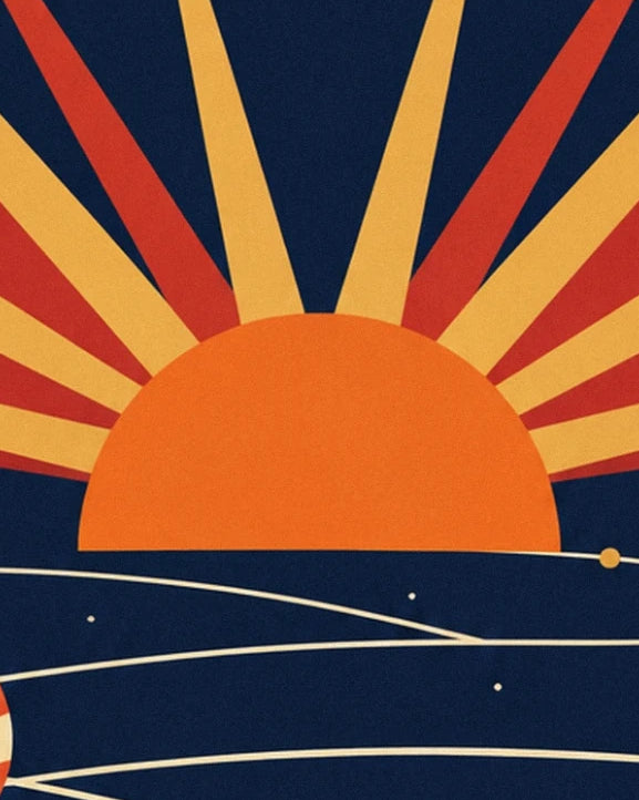 Die orangefarbene Halbscheibe der Sonne mit gelben und roten Strahlen, die sich fächerförmig ausbreiten