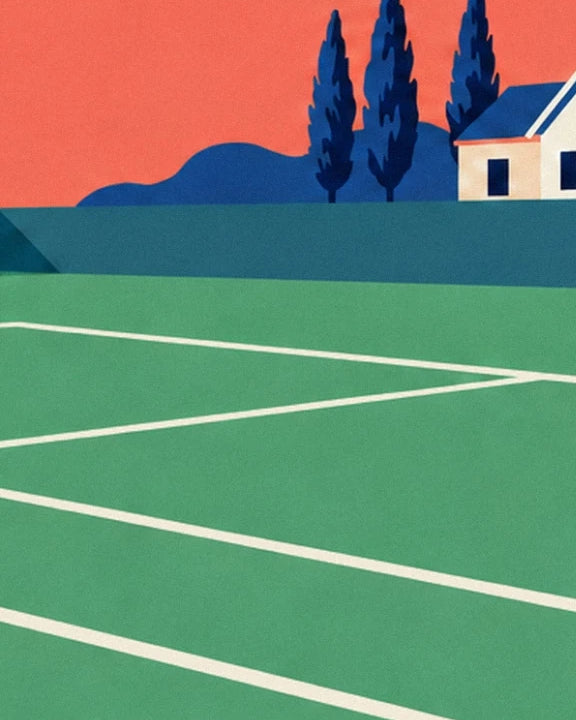 A cream house and 3 midnight-blue cypress trees against a coral sky, behind the grass court