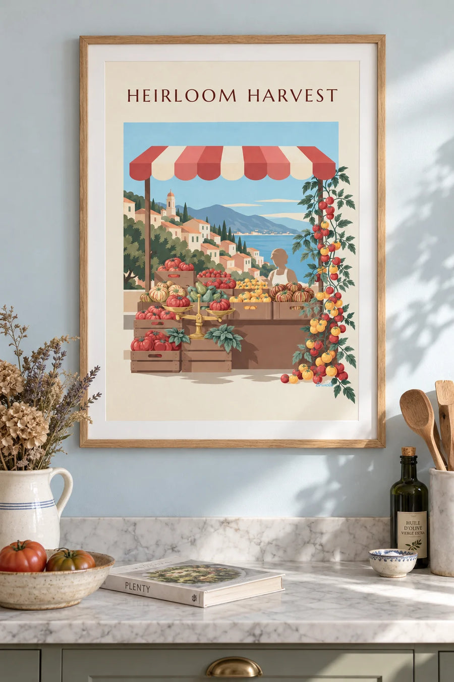 Poster of heirloom tomatoes at a market stall: framed on the wall