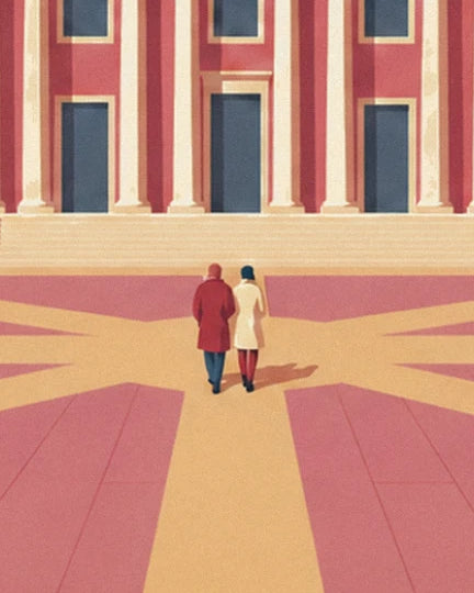 A couple in red and beige coats walking towards the columned façade
