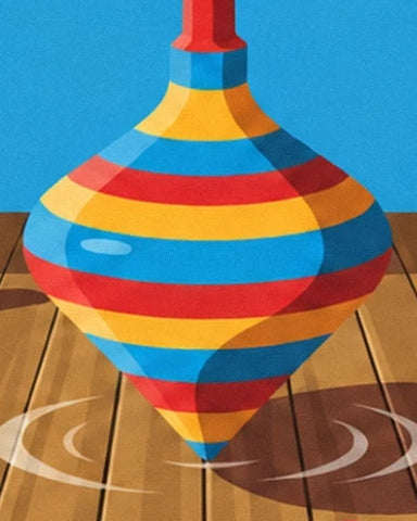 The spinning top with broad red, yellow and blue stripes on the wooden floor