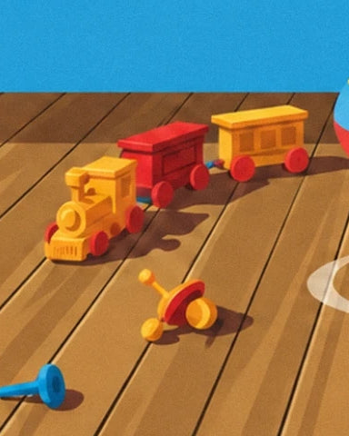 The little yellow and red train and toys scattered on the wooden floor