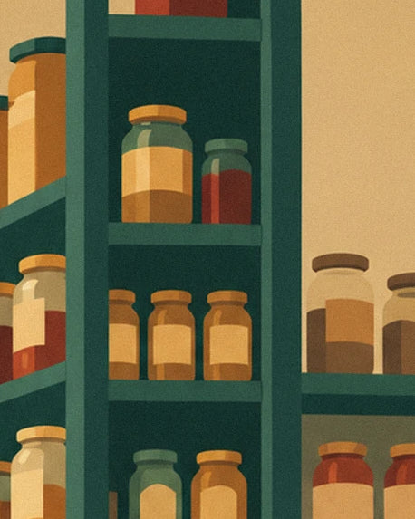 The jars with pale labels on the dark green grocery shelves