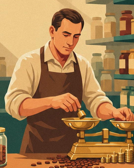 The grocer in a brown apron weighing coffee on brass scales