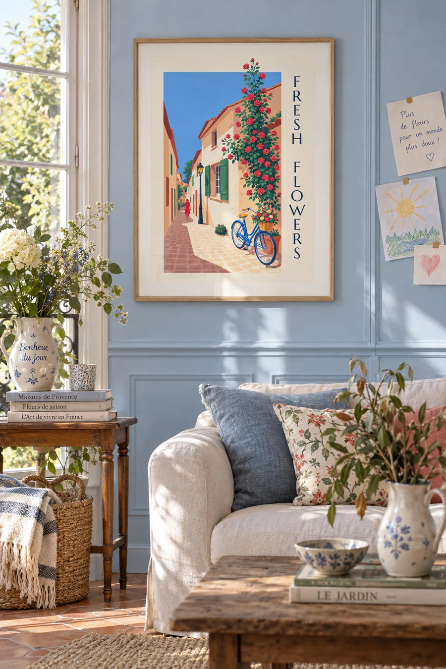 Poster of a blue bicycle with a flower basket in front of a stone house: framed on the wall