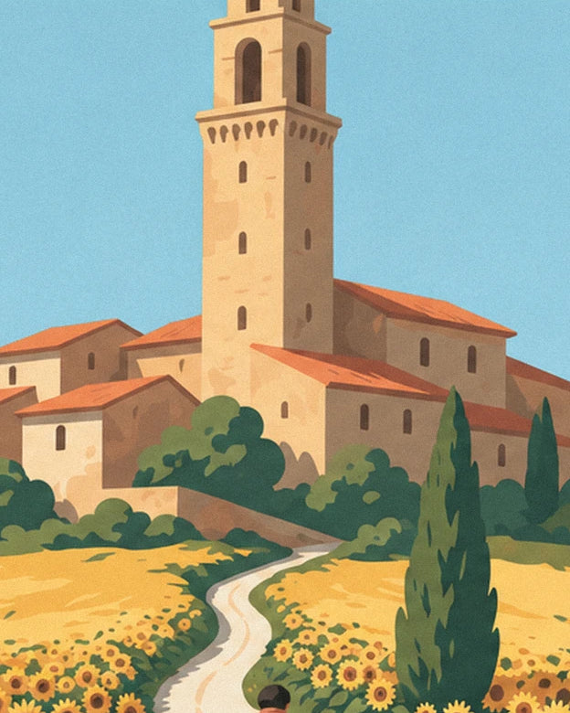 The stone bell tower and tiled roofs of the hilltop village at the end of the path
