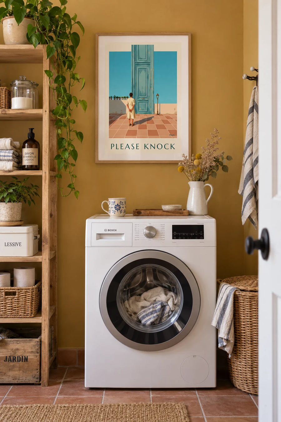 Poster of a blue-green “Please Knock” door for the powder room: framed on the wall