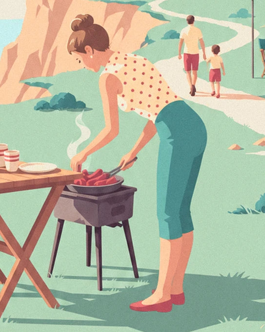 La pin-up en pantalon turquoise devant son barbecue, près de la table en bois