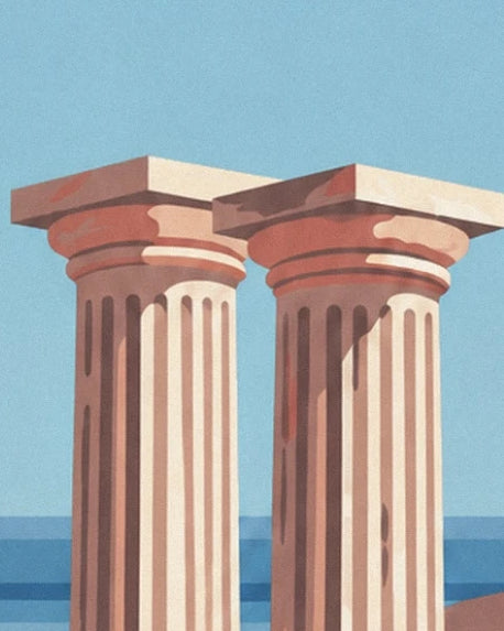 The 2 ancient columns with pinkish capitals in front of the blue sea of Alexandrie