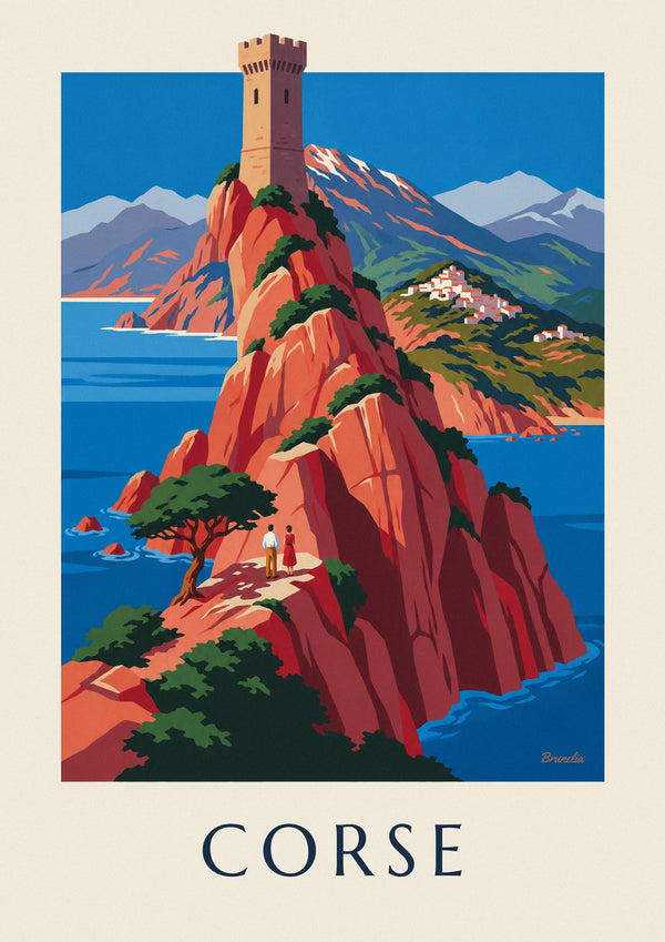 Poster wilde Küste Korsikas, rote Klippen und Monte Cinto