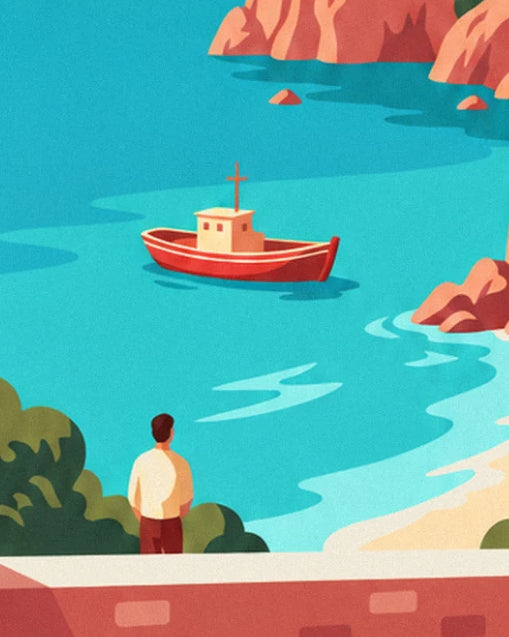 The walker in a light shirt facing the turquoise bay and its red boat