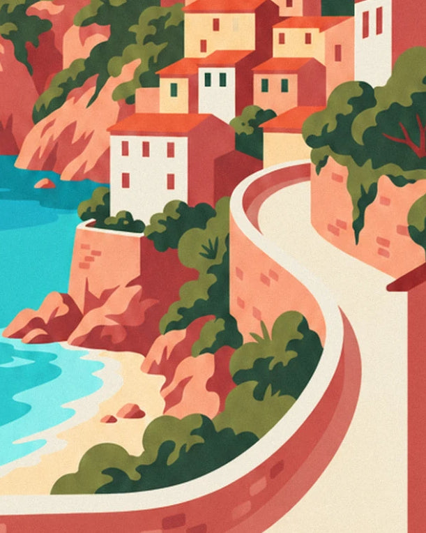 The white hairpin road above a sandy cove, beneath the pink village