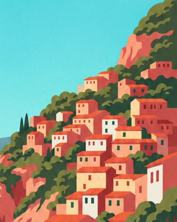 The ochre, pink and cream houses stacked on the cliff between green pine trees