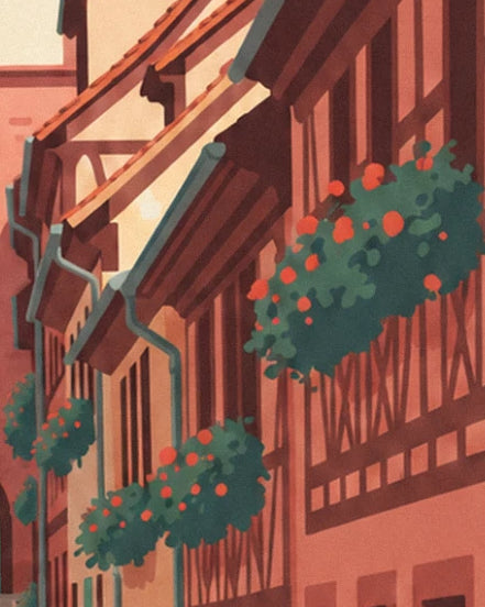 Half-timbered façades and their window boxes of red flowers beneath grey gutters