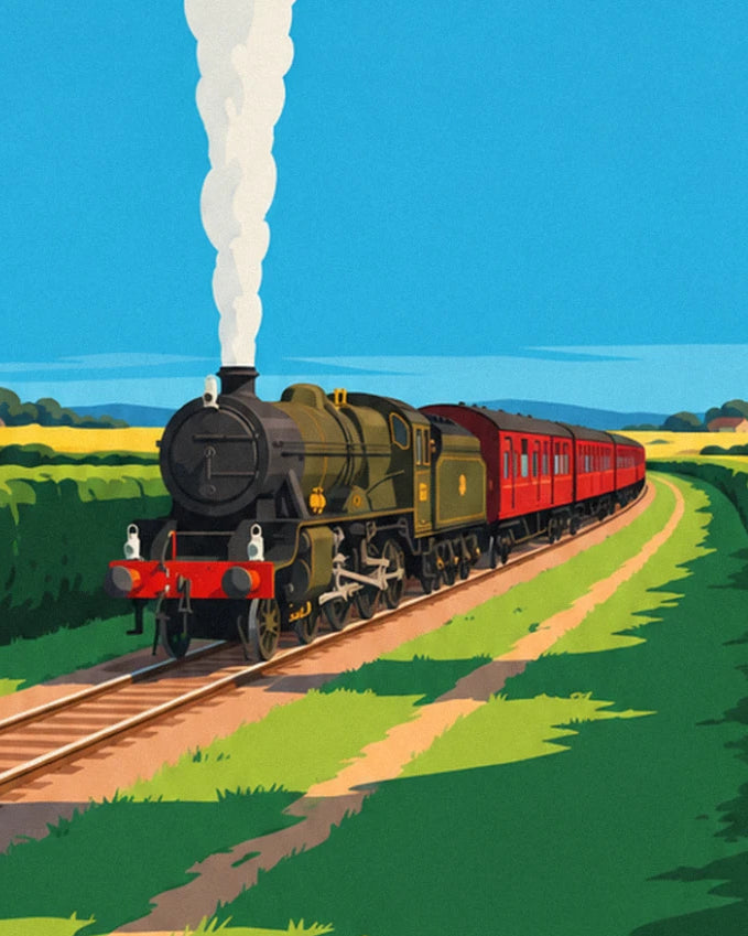 La locomotive à vapeur verte et ses wagons rouges, panache blanc dans le ciel bleu