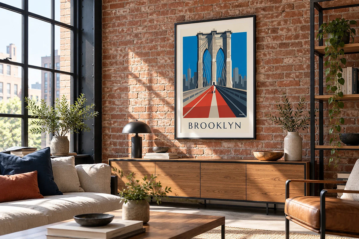 The poster in an industrial loft, without being swallowed by the brick