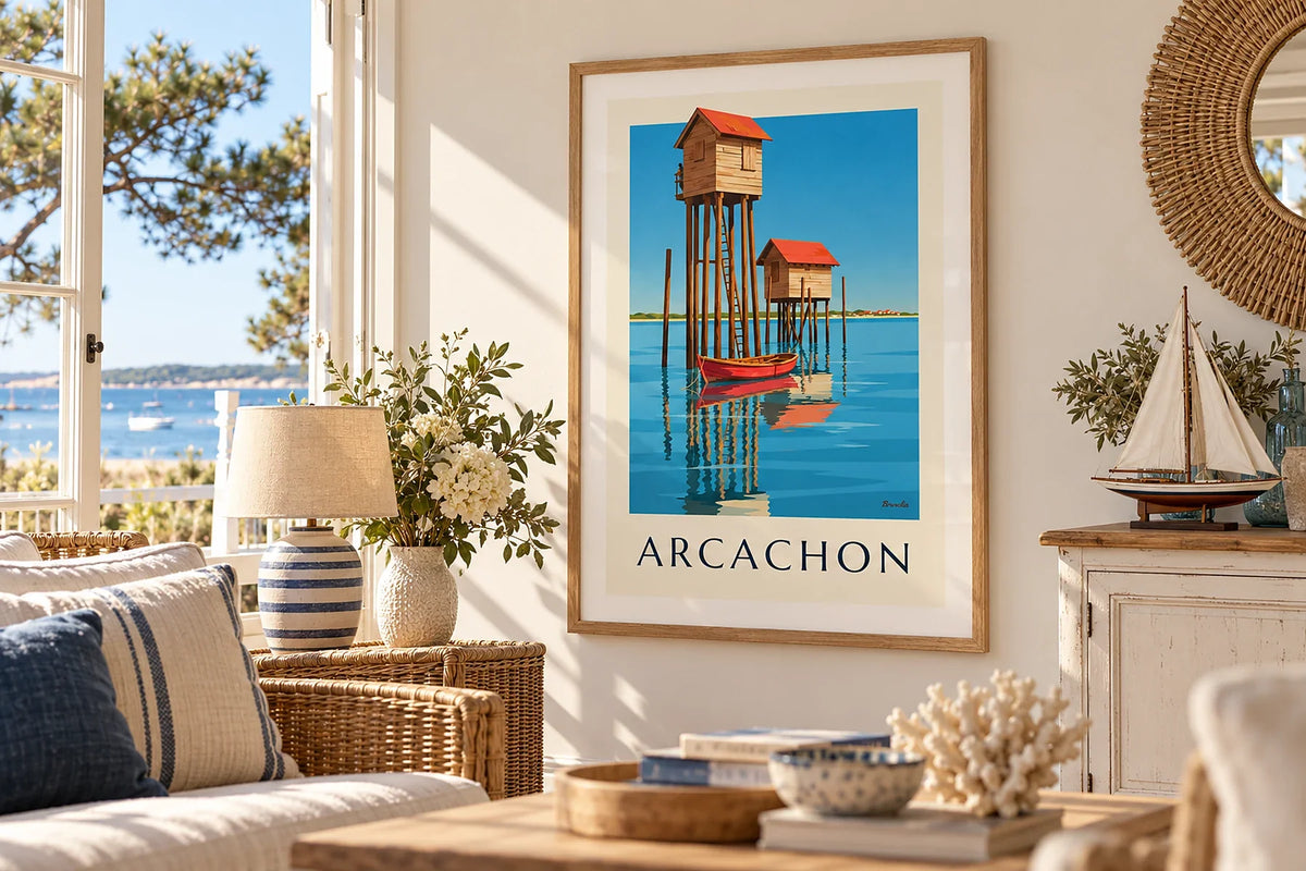 Affiches Arcachon vintage : cabanes tchanquées et Bassin